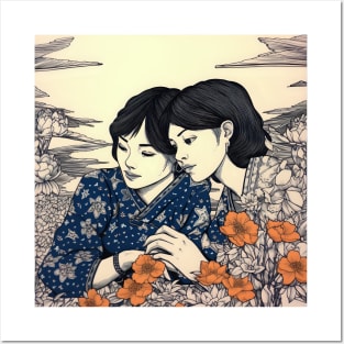 Two Asian female Friends in Flower Field Posters and Art